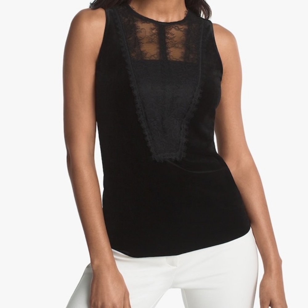 White House Black Market Black Lace-Panel Velvet Shell